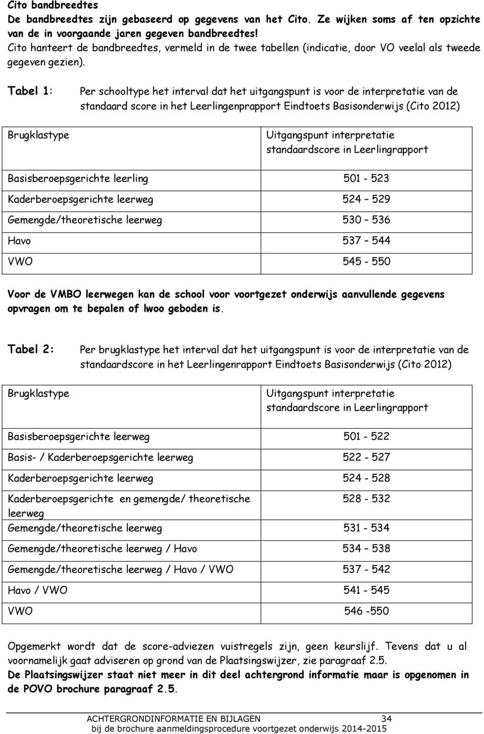 Tabel 1: Per schooltype het interval dat het uitgangspunt is voor de interpretatie van de standaard score in het Leerlingenprapport Eindtoets Basisonderwijs (Cito 2012) Brugklastype Uitgangspunt