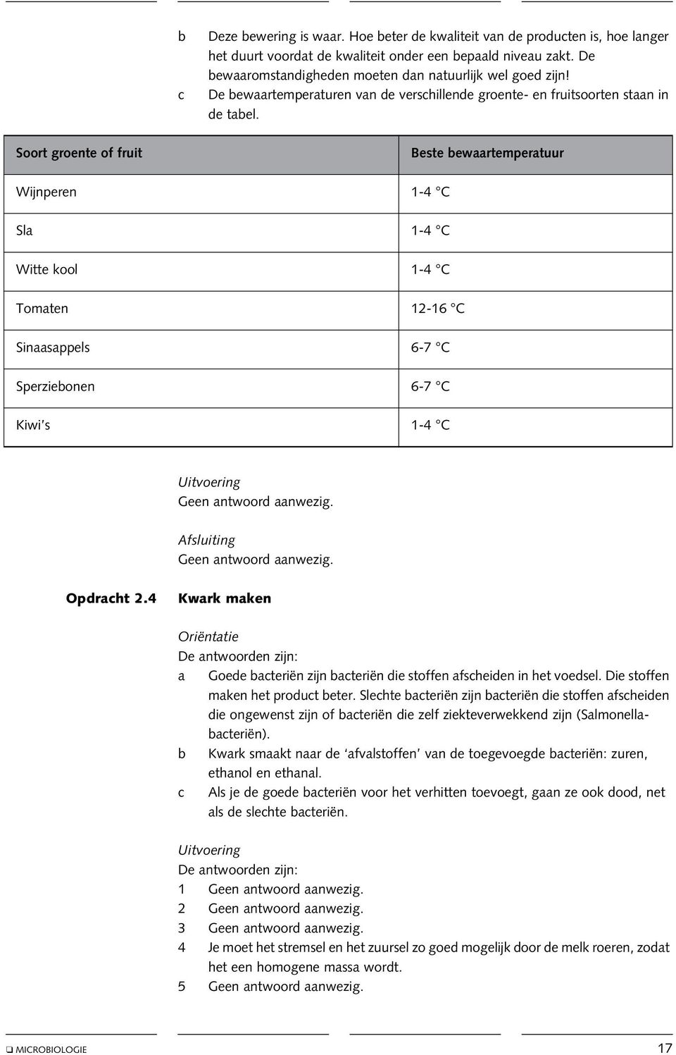 Soort groente of fruit Beste bewaartemperatuur Wijnperen 1-4 C Sla 1-4 C Witte kool 1-4 C Tomaten 12-16 C Sinaasappels 6-7 C Sperziebonen 6-7 C Kiwi s 1-4 C Opdracht 2.