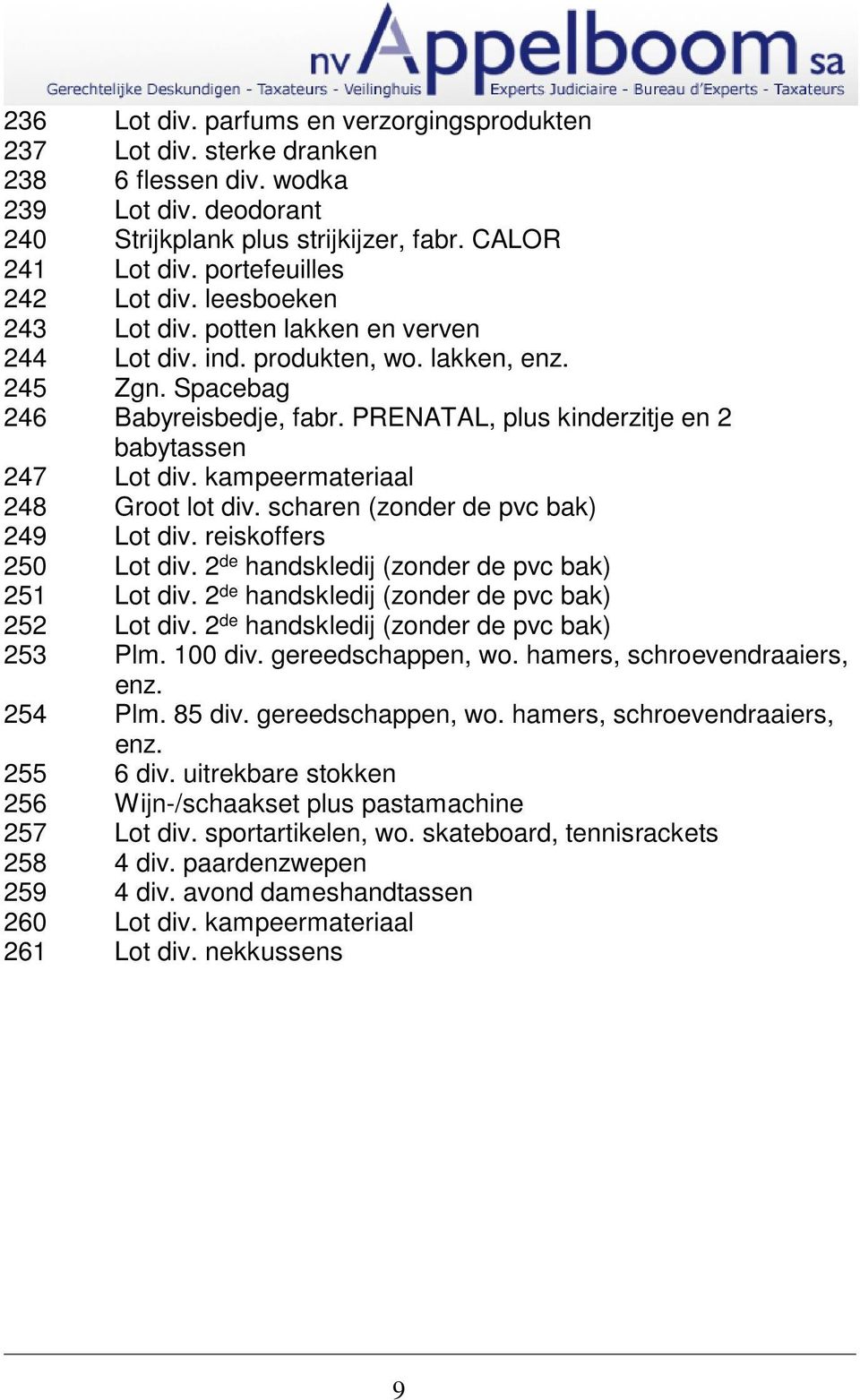 PRENATAL, plus kinderzitje en 2 babytassen 247 Lot div. kampeermateriaal 248 Groot lot div. scharen (zonder de pvc bak) 249 Lot div. reiskoffers 250 Lot div.