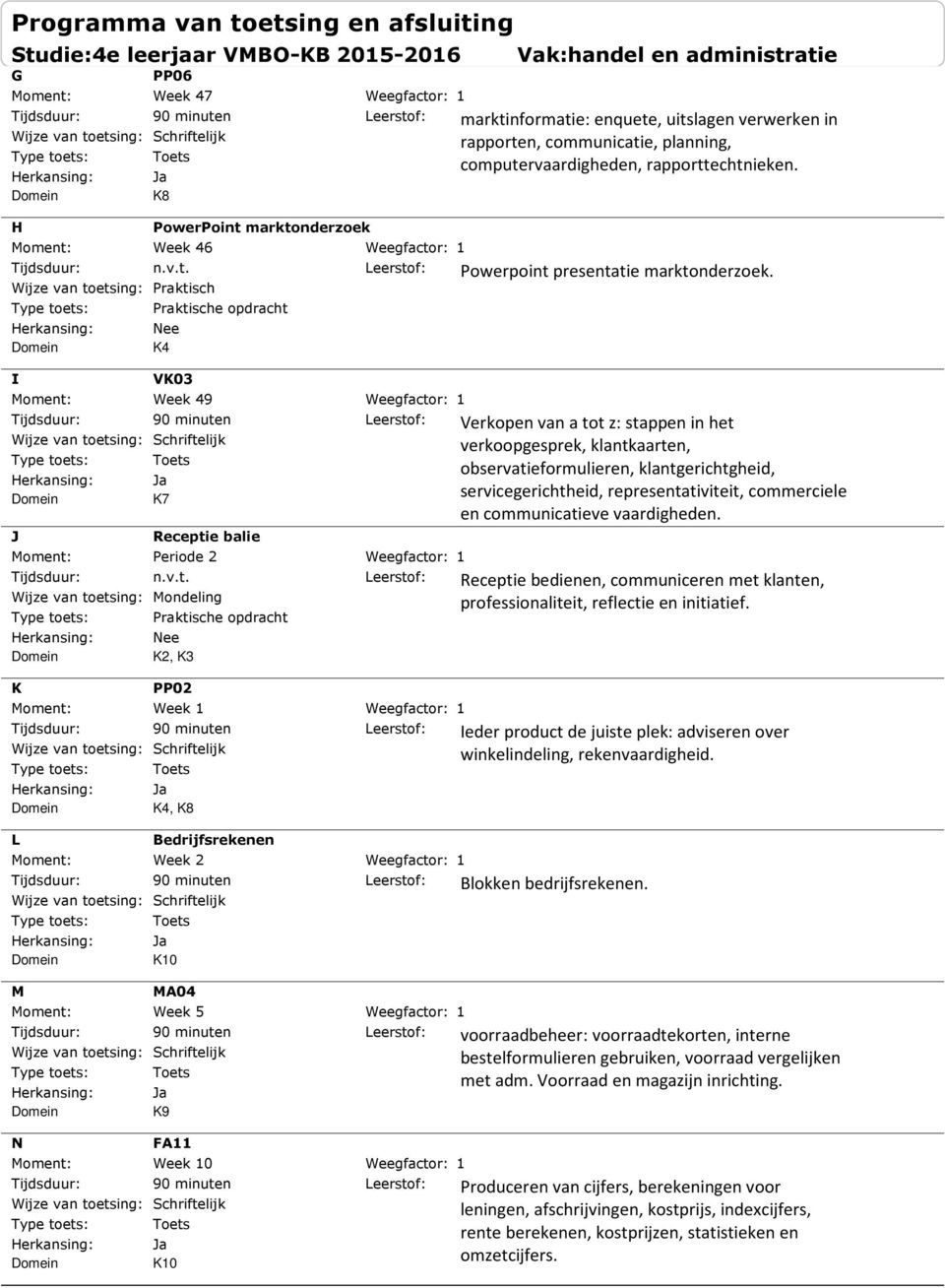 I J K L M N VK Week 49 K7 Receptie balie Periode Mondeling e opdracht K, K PP Week K4, K8 Bedrijfsrekenen Week K MA4 Week 5 K9 FA Week K Verkopen van a tot z: stappen in het verkoopgesprek,