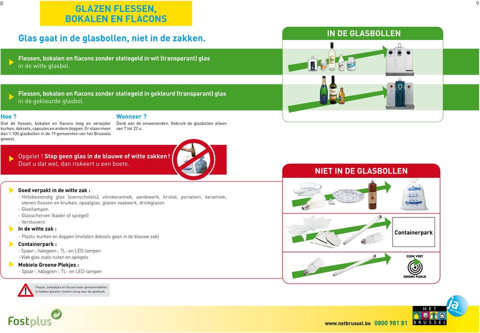 Er staan meer dan 1.100 glasbollen in de 19 gemeenten van het Brussels gewest. Denk aan de omwonenden. Gebruik de glasbollen alleen van 7 tot 22 u. Opgelet! Stop geen glas in de blauwe witte zakken!