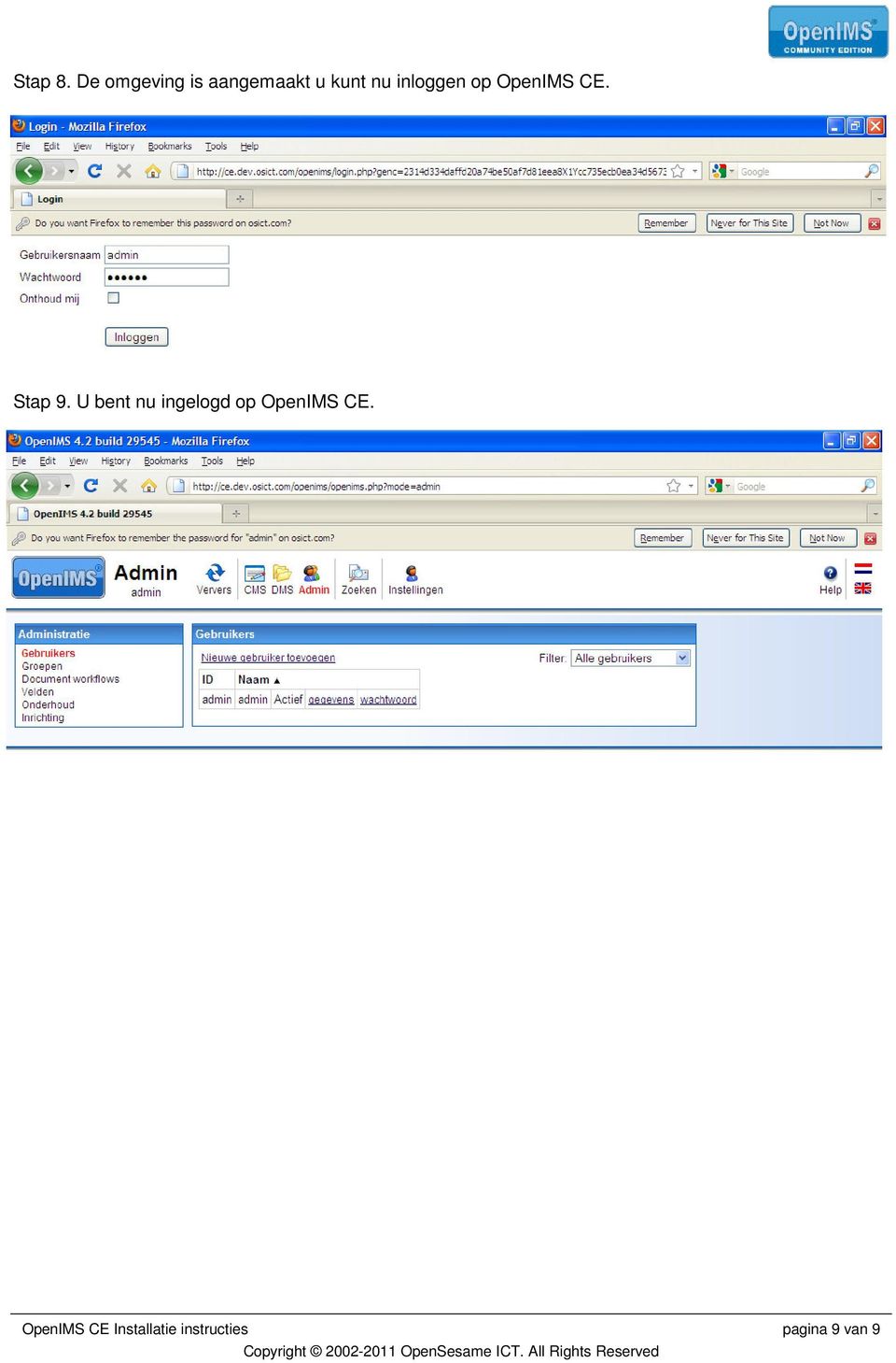 inloggen op OpenIMS CE. Stap 9.