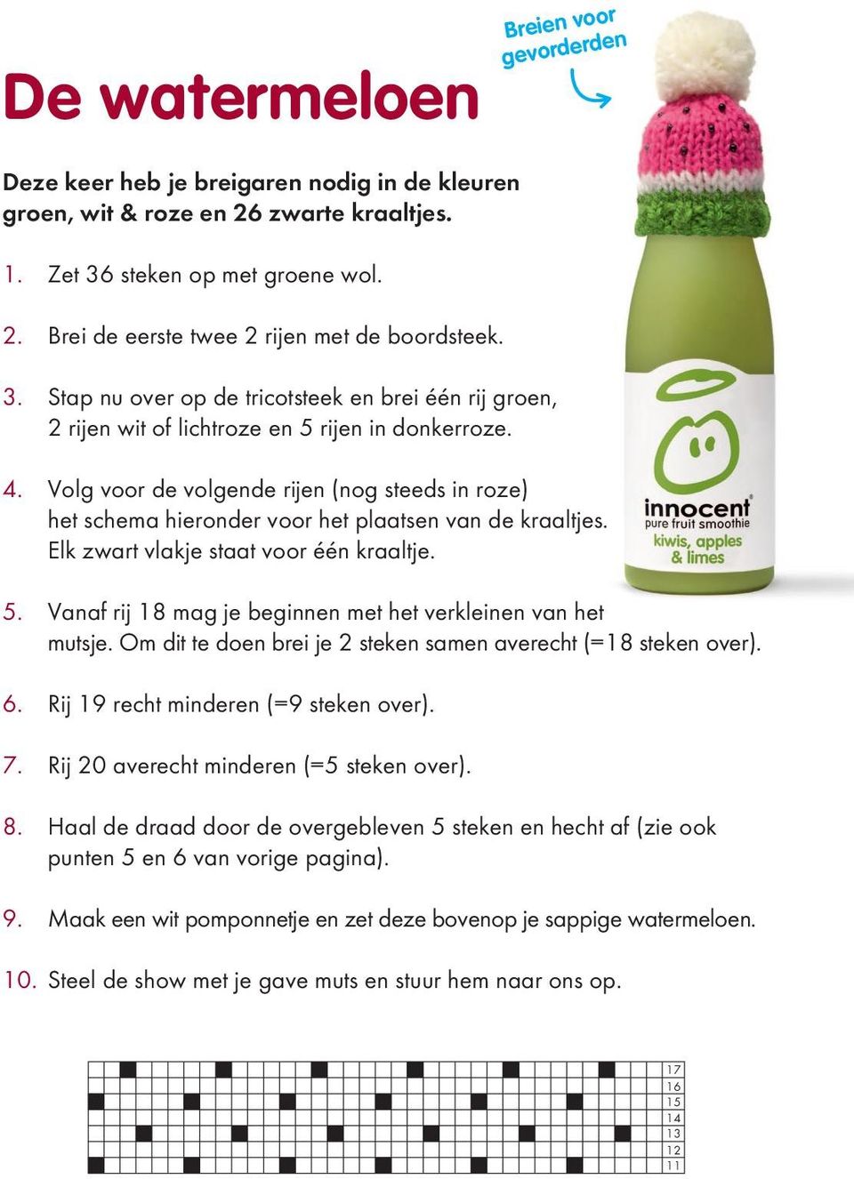 Breien voor gevorderden 4. Volg voor de volgende rijen (nog steeds in roze) het schema hieronder voor het plaatsen van de kraaltjes. Elk zwart vlakje staat voor één kraaltje. 5.