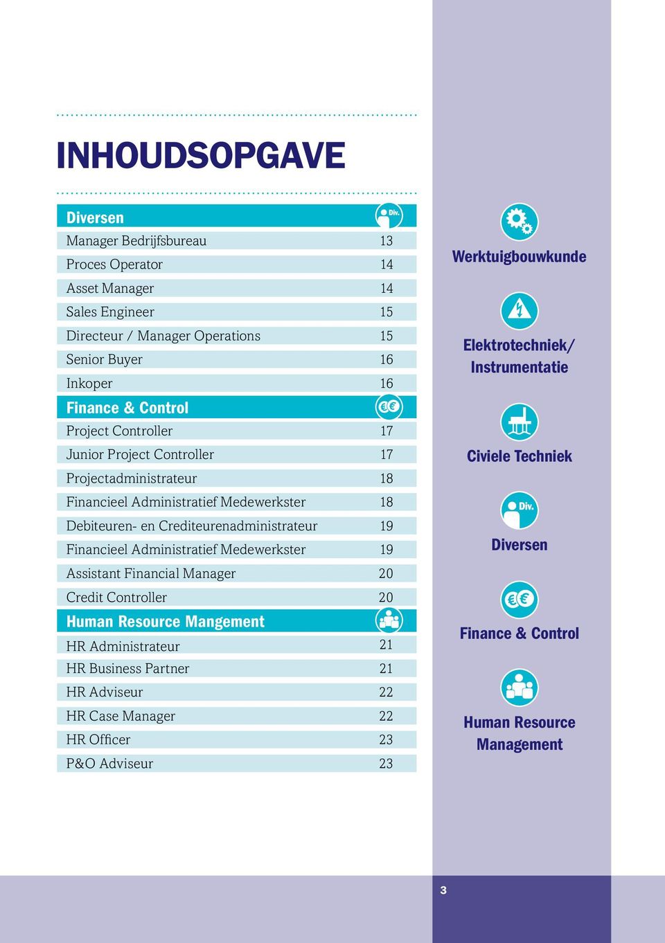 Financieel Administratief Medewerkster 19 Assistant Financial Manager 20 Credit Controller 20 Human Resource Mangement HR Administrateur 21 HR Business Partner 21 HR