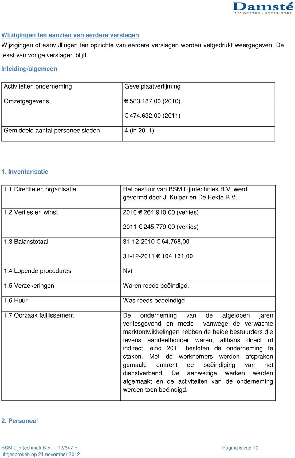 1 Directie en organisatie Het bestuur van BSM Lijmtechniek B.V. werd gevormd door J. Kuiper en De Eekte B.V. 1.2 Verlies en winst 2010 264.910,00 (verlies) 2011 245.779,00 (verlies) 1.