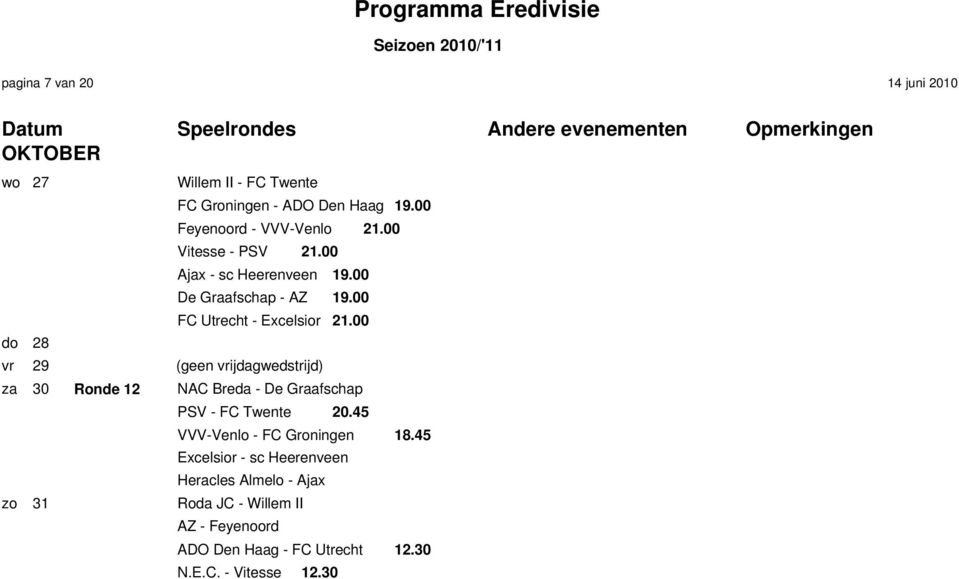 00 do 28 vr 29 (geen vrijdagwedstrijd) za 30 Ronde 12 NAC Breda - De Graafschap PSV - FC Twente 20.