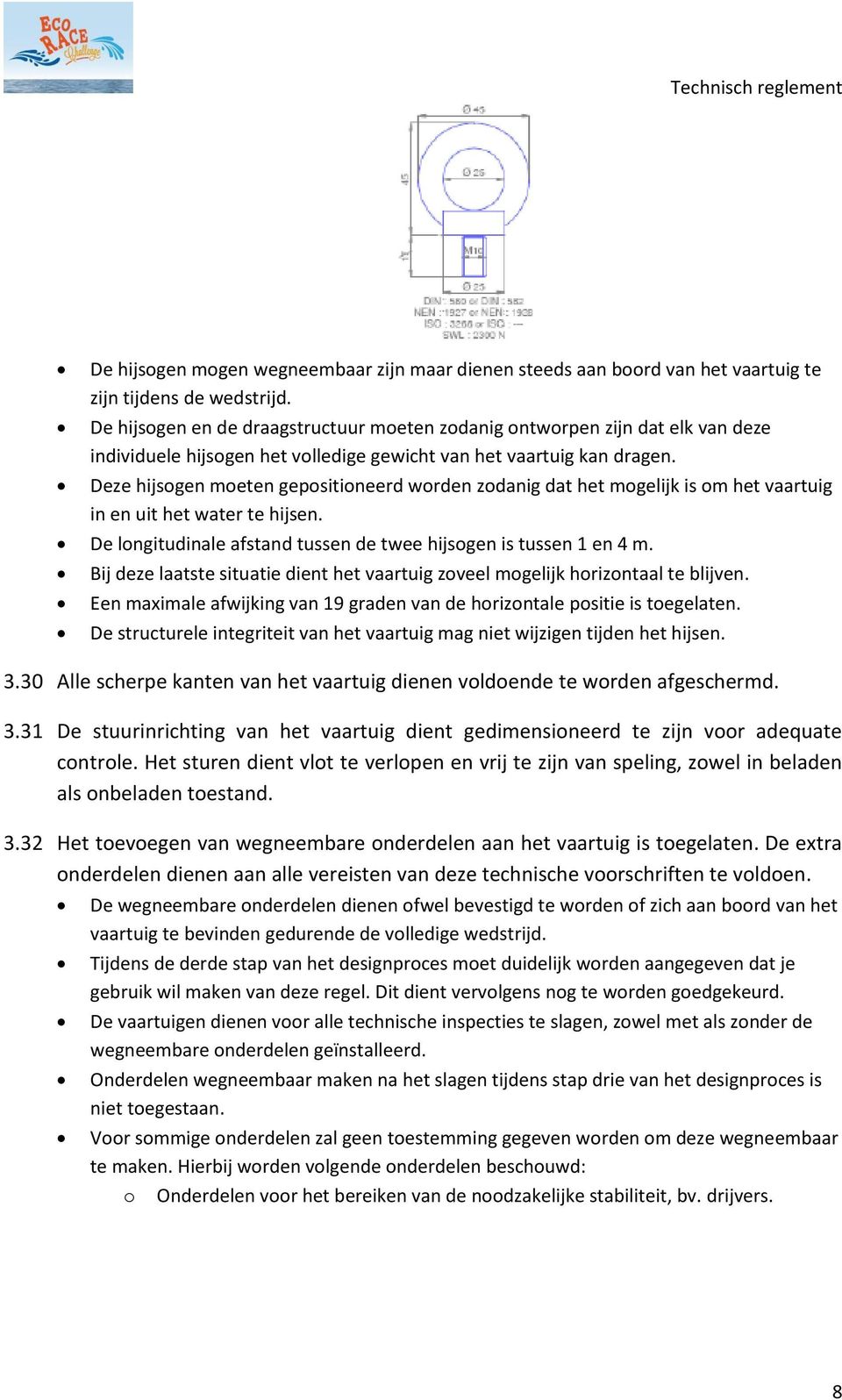 Deze hijsogen moeten gepositioneerd worden zodanig dat het mogelijk is om het vaartuig in en uit het water te hijsen. De longitudinale afstand tussen de twee hijsogen is tussen 1 en 4 m.