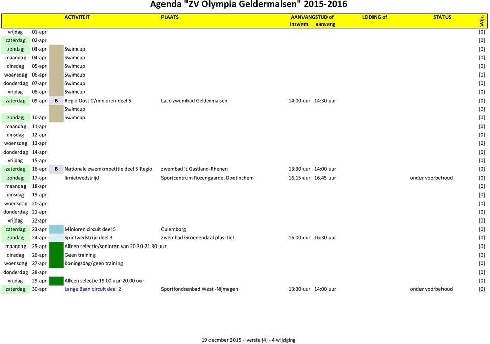 13- apr [0] donderdag 14- apr [0] vrijdag 15- apr [0] zaterdag 16- apr B Nationale zwemkmpetitie deel 5 Regio zwembad 't Gastland- Rhenen 13:30 uur 14:00 uur [0] zondag 17- apr limietwedstrijd