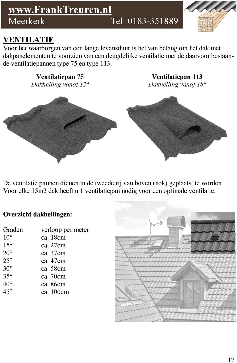 Ventilatiepan 75 Dakhelling vanaf 12 Ventilatiepan 113 Dakhelling vanaf 18 De ventilatie pannen dienen in de tweede rij van boven (nok) geplaatst te