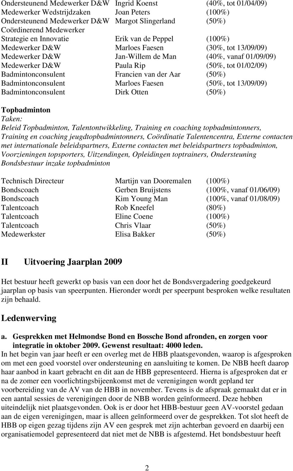 Badmintonconsulent Francien van der Aar (50%) Badmintonconsulent Marloes Faesen (50%, tot 13/09/09) Badmintonconsulent Dirk Otten (50%) Topbadminton Taken: Beleid Topbadminton, Talentontwikkeling,