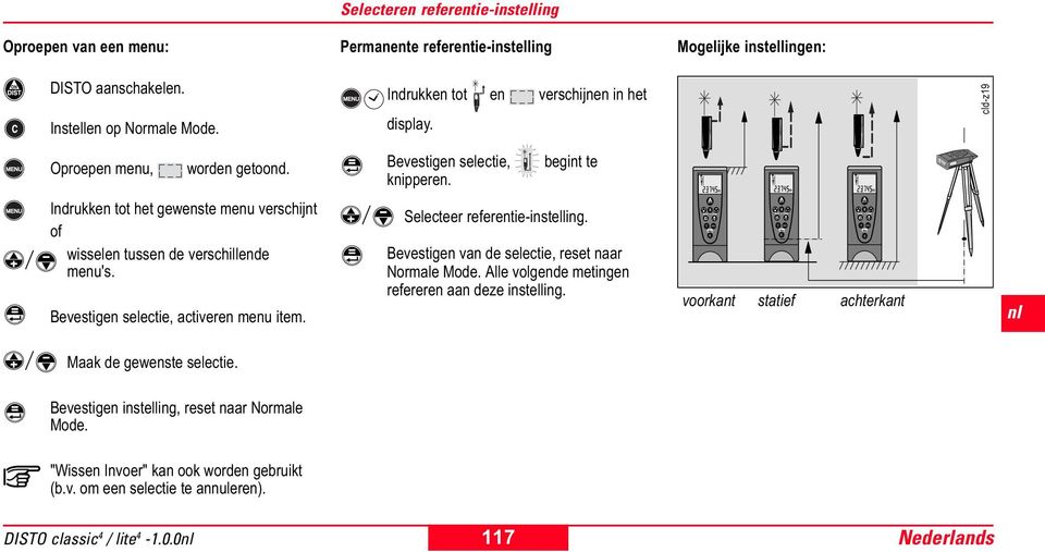 begint te Indrukken tot het gewenste menu verschijnt of wisselen tussen de verschillende menu's. Bevestigen selectie, activeren menu item. Selecteer referentie-instelling.