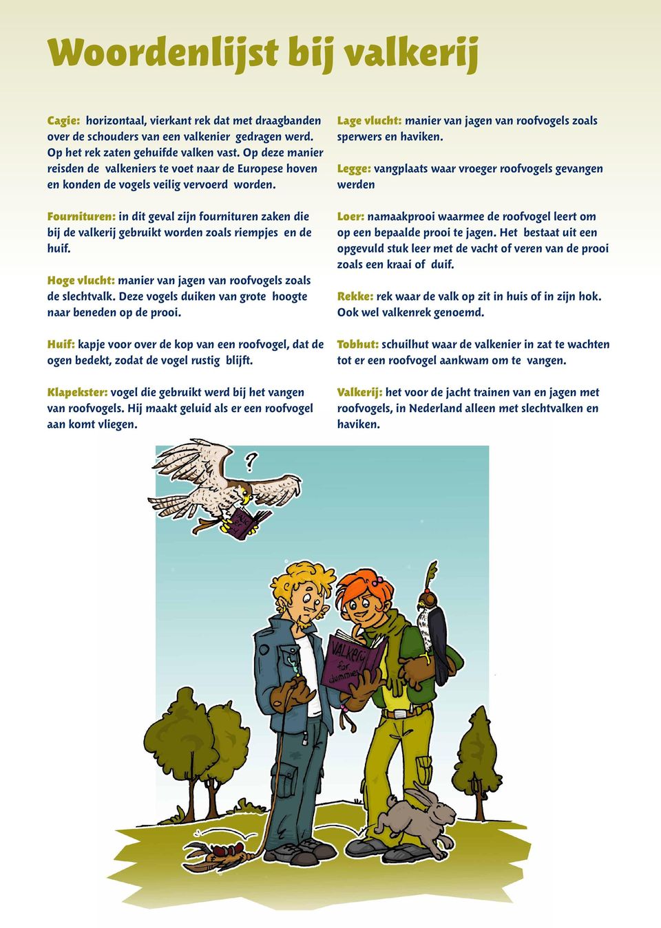 Fournituren: in dit geval zijn fournituren zaken die bij de valkerij gebruikt worden zoals riempjes en de huif. Hoge vlucht: manier van jagen van roofvogels zoals de slechtvalk.