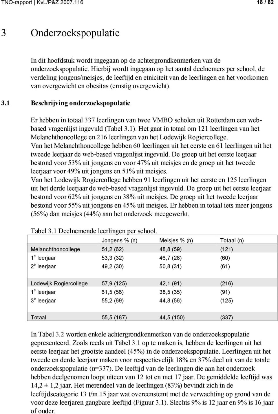 overgewicht). 3.1 Beschrijving onderzoekspopulatie Er hebben in totaal 337 leerlingen van twee VMBO scholen uit Rotterdam een webbased vragenlijst ingevuld (Tabel 3.1).