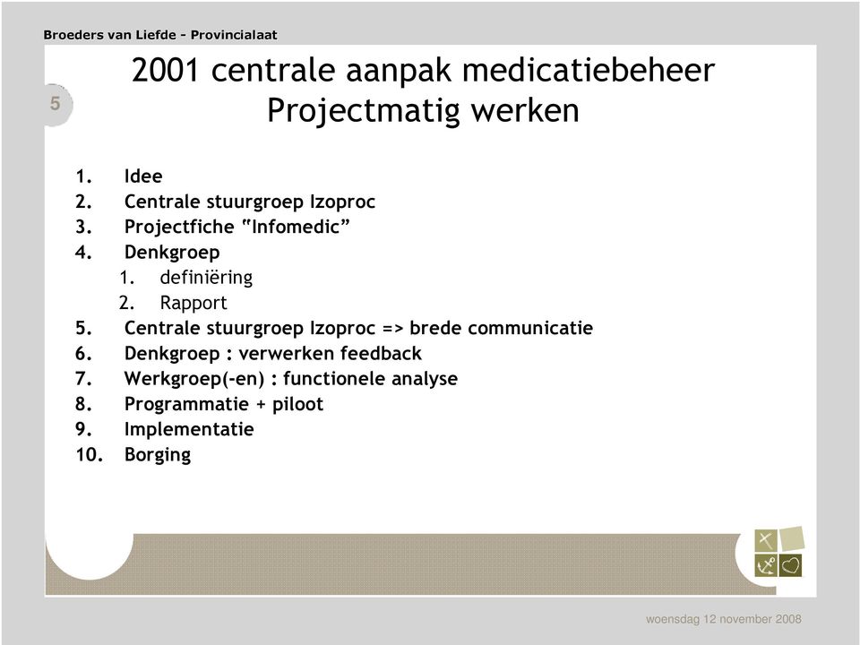 Rapport 5. Centrale stuurgroep Izoproc => brede communicatie 6.