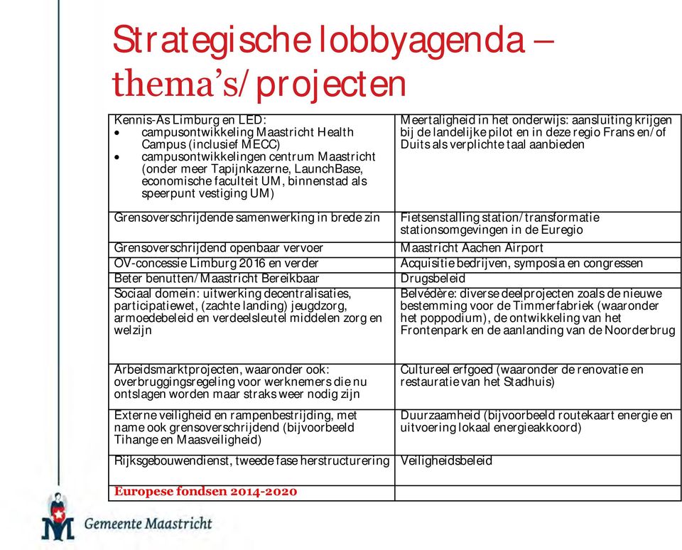 verplichte taal aanbieden Grensoverschrijdende samenwerking in brede zin Grensoverschrijdend openbaar vervoer OV-concessie Limburg 2016 en verder Beter benutten/maastricht Bereikbaar Sociaal domein: