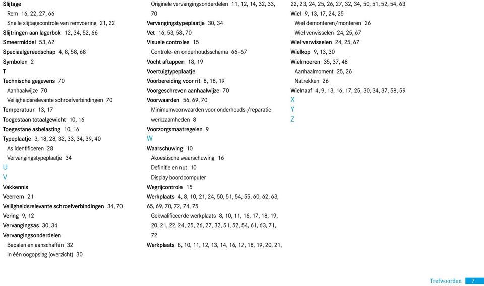 identificeren 28 Vervangingstypeplaatje 34 U V Vakkennis Veerrem 21 Veiligheidsrelevante schroefverbindingen 34, 70 Vering 9, 12 Vervangingsas 30, 34 Vervangingsonderdelen Bepalen en aanschaffen 32