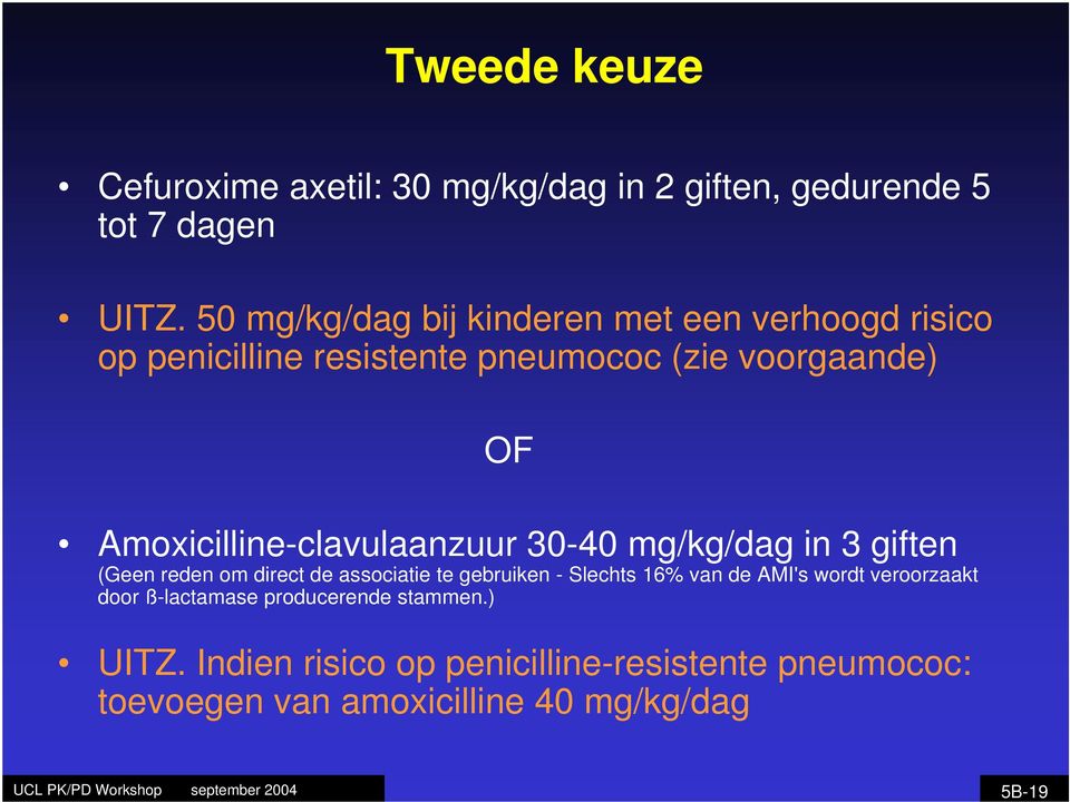 Amoxicilline-clavulaanzuur 30-40 mg/kg/dag in 3 giften (Geen reden om direct de associatie te gebruiken - Slechts 16% van