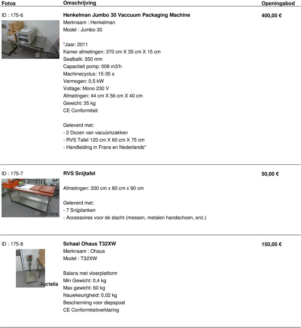 60 cm X 75 cm - Handleiding in Frans en Nederlands" ID : 175-7 RVS Snijtafel Afmetingen: 200 cm x 80 cm x 90 cm Geleverd met: - 7 Snijplanken - Accessoires voor de slacht (messen, metalen