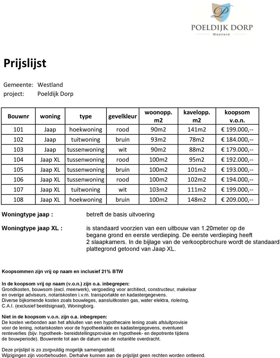 000,-- 106 Jaap XL tussenwoning rood 100m2 102m2 194.000,-- 107 Jaap XL tuitwoning wit 103m2 111m2 199.000,-- 108 Jaap XL hoekwoning bruin 100m2 148m2 209.