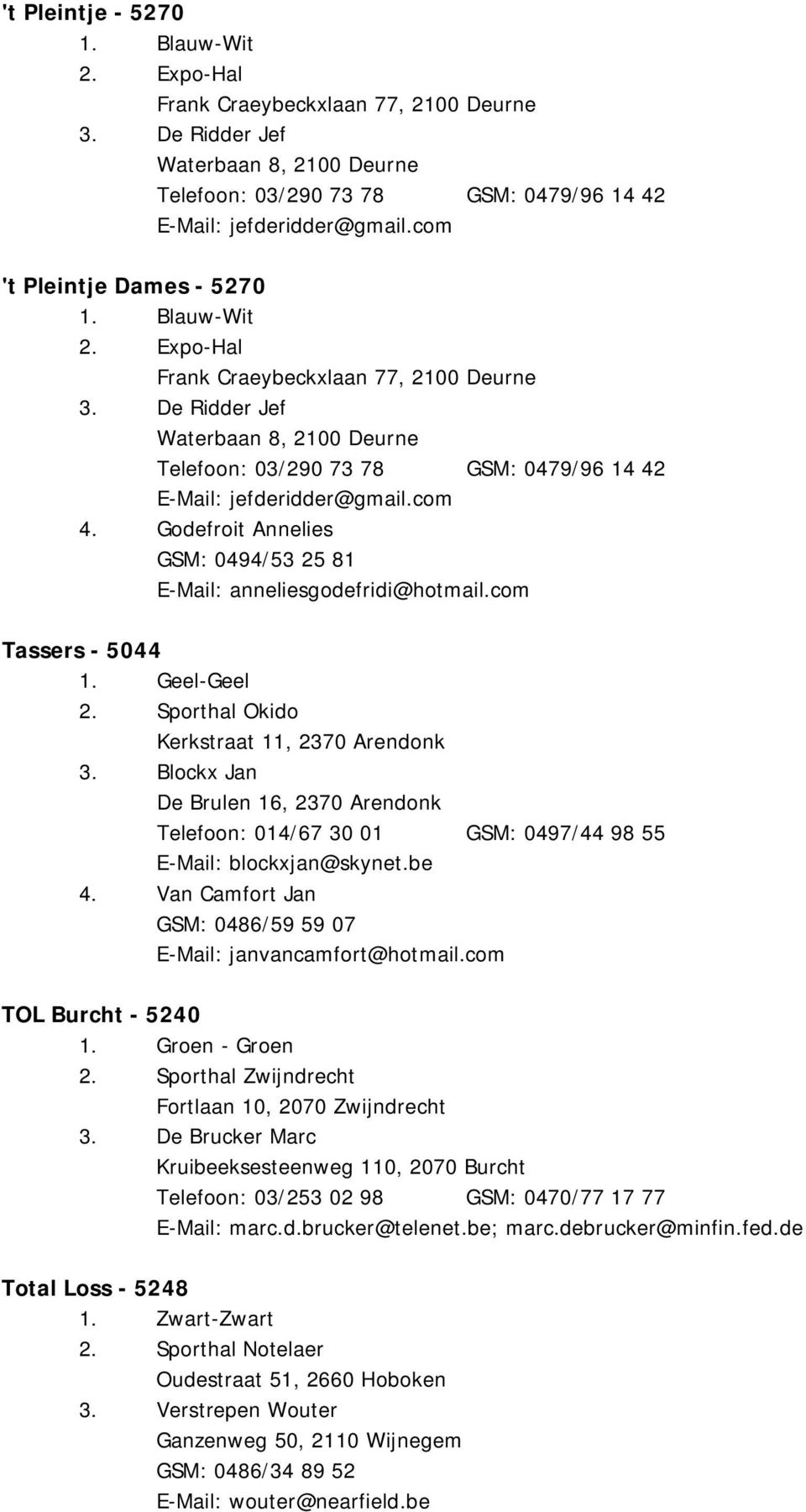 De Ridder Jef Waterbaan 8, 2100 Deurne Telefoon: 03/290 73 78 GSM: 0479/96 14 42 E-Mail: jefderidder@gmail.com 4. Godefroit Annelies GSM: 0494/53 25 81 E-Mail: anneliesgodefridi@hotmail.