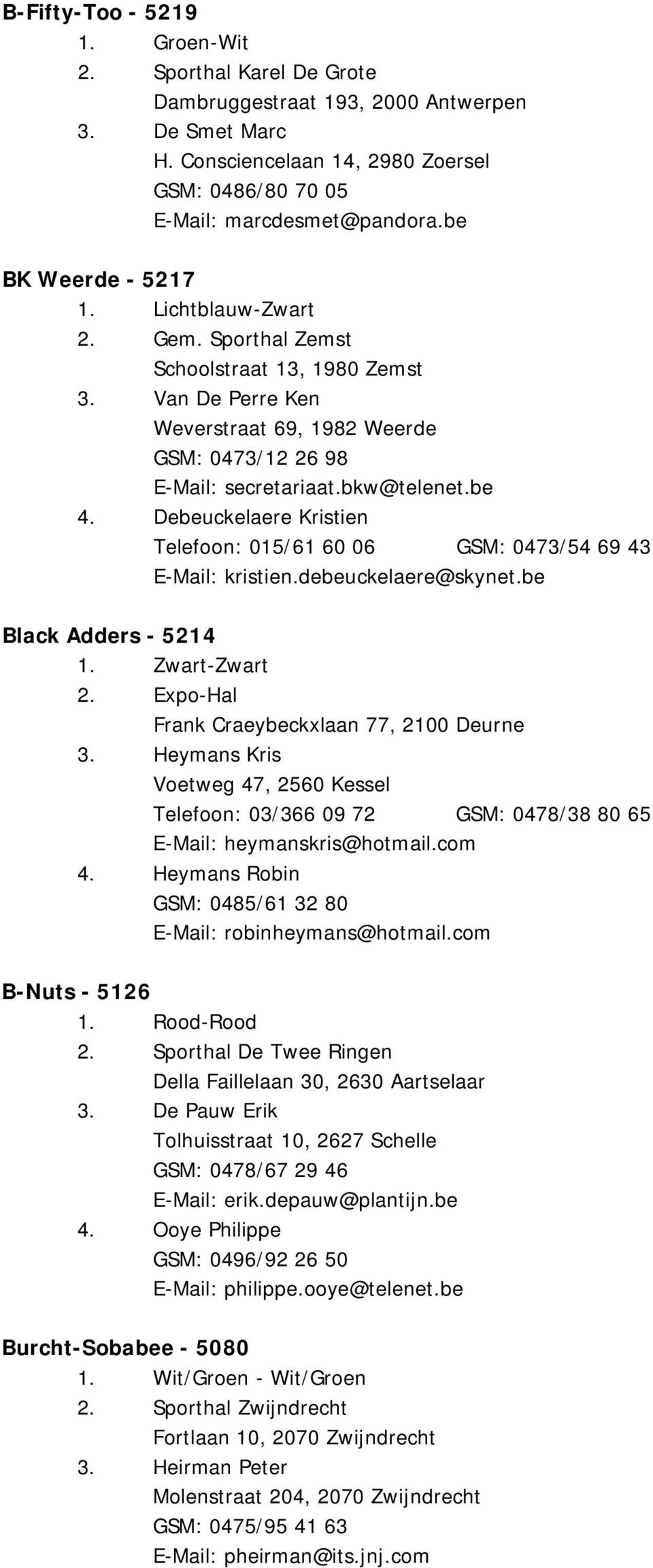 Debeuckelaere Kristien Telefoon: 015/61 60 06 GSM: 0473/54 69 43 E-Mail: kristien.debeuckelaere@skynet.be Black Adders - 5214 2. Expo-Hal Frank Craeybeckxlaan 77, 2100 Deurne 3.