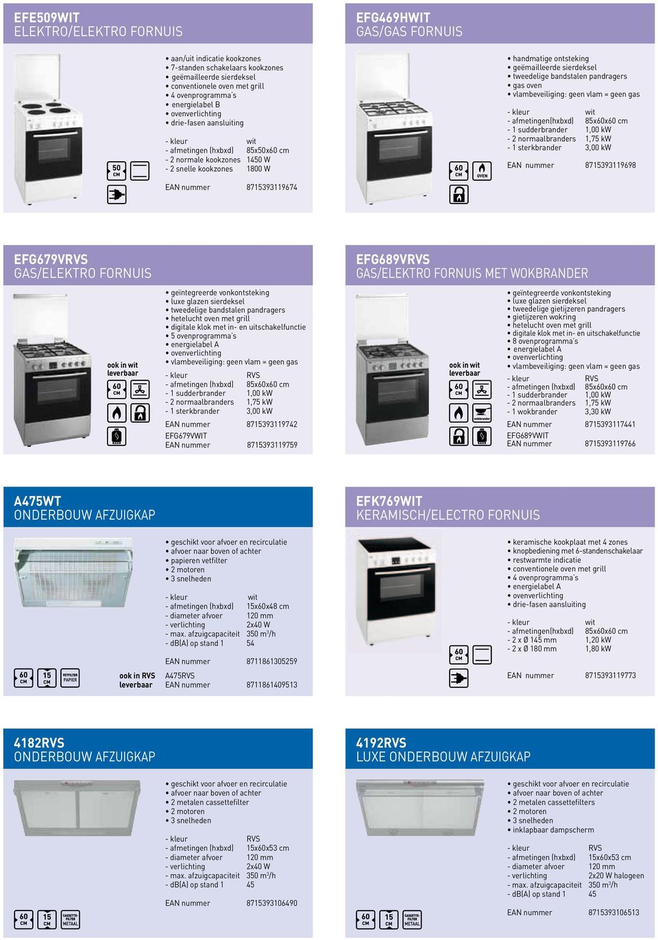 - afmetingen(hxbxd) 85x60x60 cm EAN nummer 8715393119698 EAN nummer 8715393119674 efg679vrvs gas/elektro FoRNuIS efg689vrvs gas/elektro FoRNuIS MET WoKBRANdER ook in wit hetelucht oven met grill