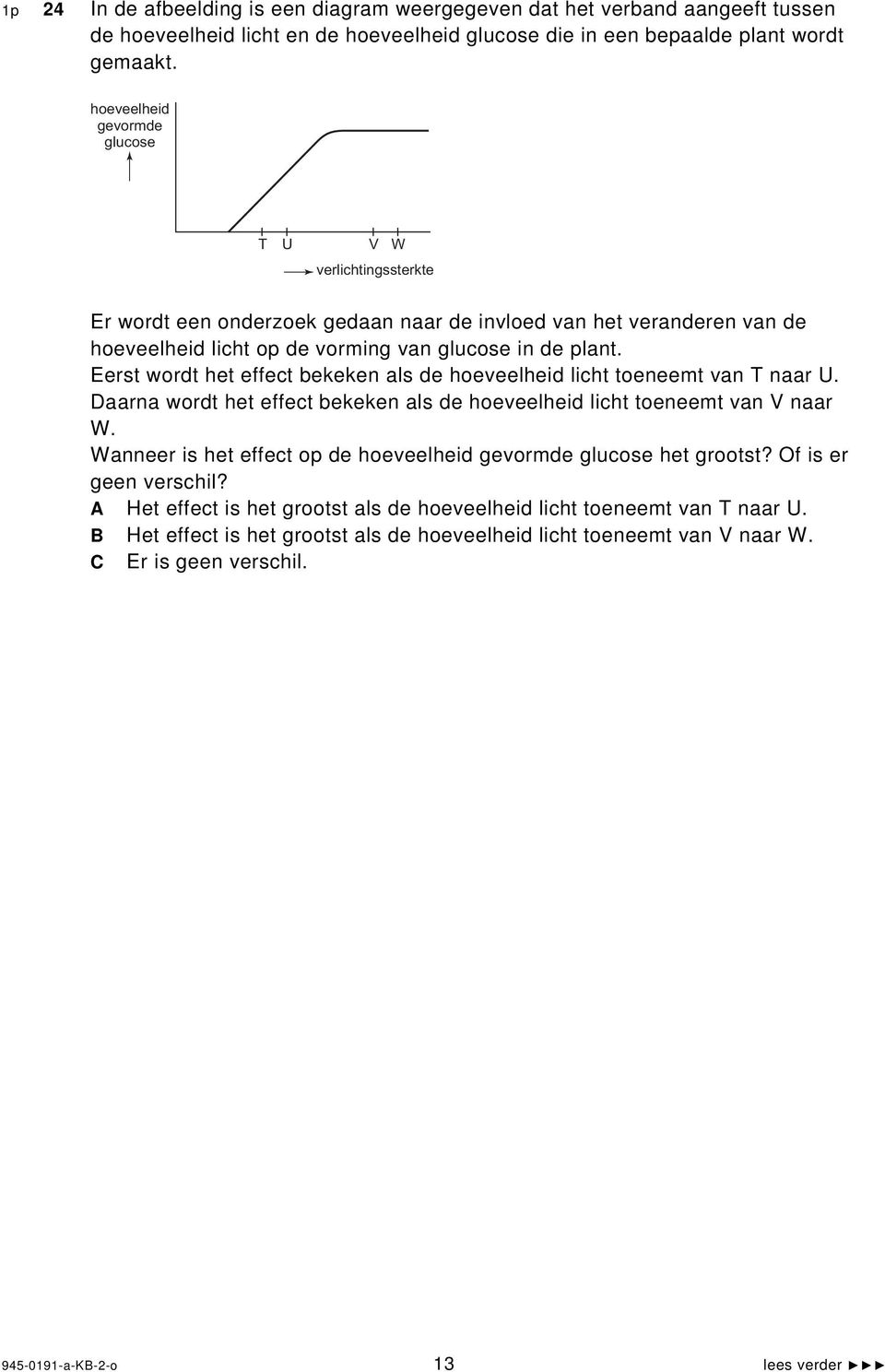 Eerst wordt het effect bekeken als de hoeveelheid licht toeneemt van T naar U. Daarna wordt het effect bekeken als de hoeveelheid licht toeneemt van V naar W.