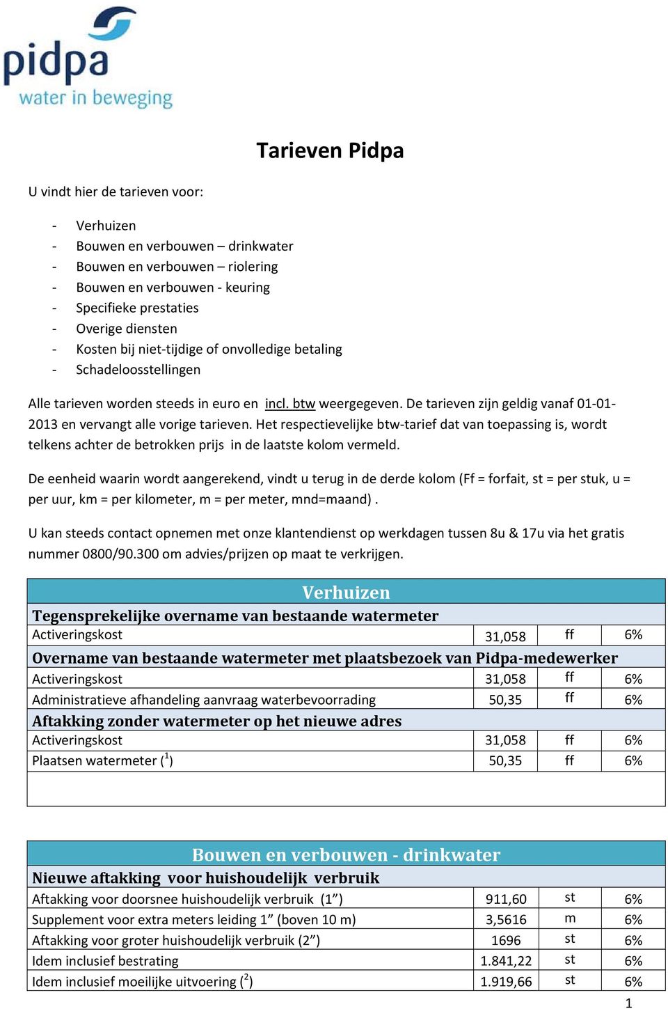 Het respectievelijke btw tarief dat van toepassing is, wordt telkens achter de betrokken prijs in de laatste kolom vermeld.