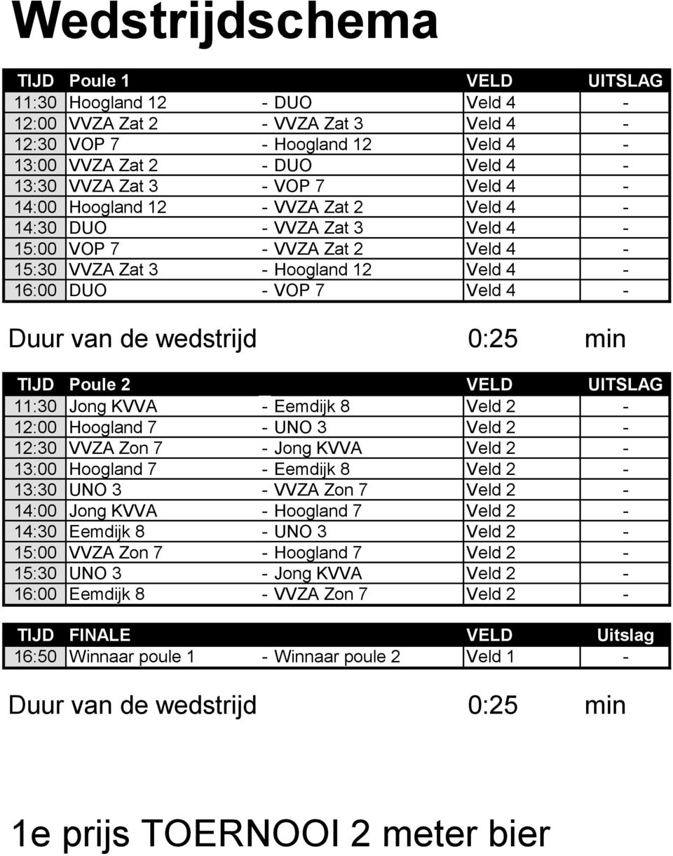 min TIJD Poule 2 VELD UITSLAG 11:30 Jong KVVA - Eemdijk 8 Veld 2-12:00 Hoogland 7 - UNO 3 Veld 2-12:30 VVZA Zon 7 - Jong KVVA Veld 2-13:00 Hoogland 7 - Eemdijk 8 Veld 2-13:30 UNO 3 - VVZA Zon 7 Veld