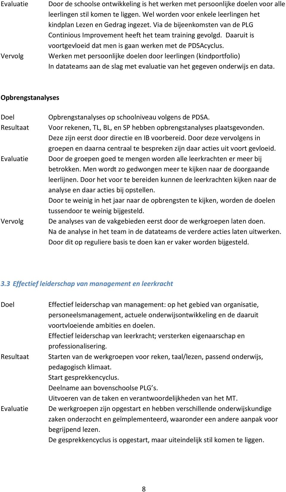 Werken met persoonlijke doelen door leerlingen (kindportfolio) In datateams aan de slag met evaluatie van het gegeven onderwijs en data.