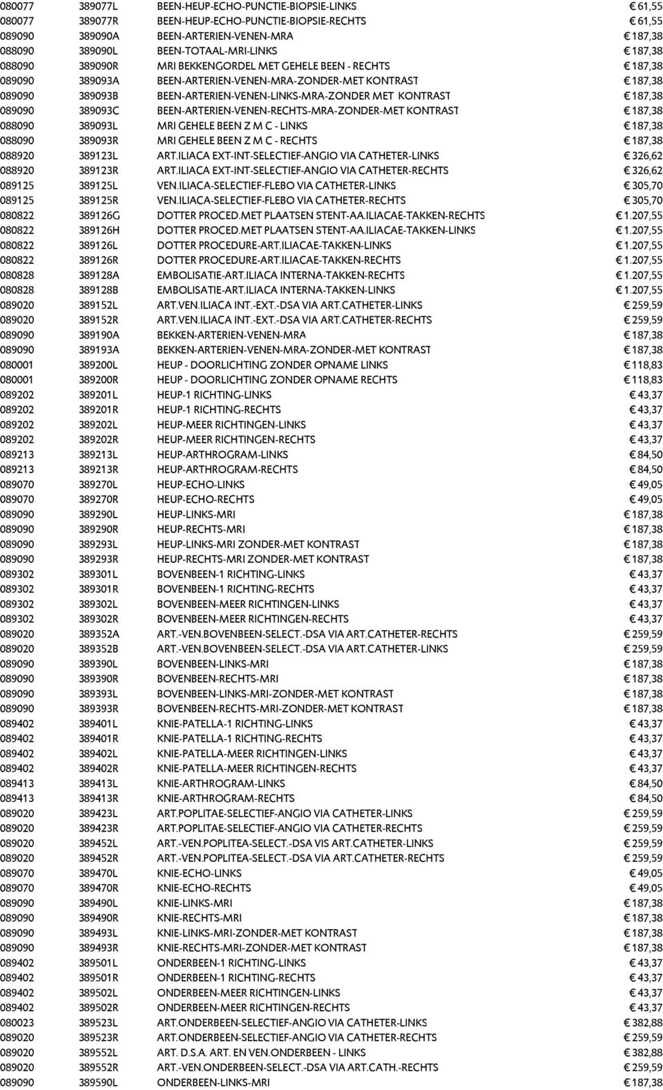 KONTRAST 187,38 089090 389093C BEEN-ARTERIEN-VENEN-RECHTS-MRA-ZONDER-MET KONTRAST 187,38 088090 389093L MRI GEHELE BEEN Z M C - LINKS 187,38 088090 389093R MRI GEHELE BEEN Z M C - RECHTS 187,38