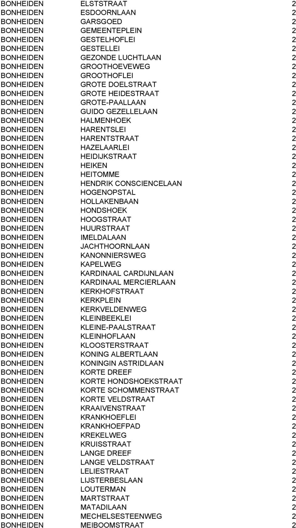 HARENTSTRAAT 2 BONHEIDEN HAZELAARLEI 2 BONHEIDEN HEIDIJKSTRAAT 2 BONHEIDEN HEIKEN 2 BONHEIDEN HEITOMME 2 BONHEIDEN HENDRIK CONSCIENCELAAN 2 BONHEIDEN HOGENOPSTAL 2 BONHEIDEN HOLLAKENBAAN 2 BONHEIDEN