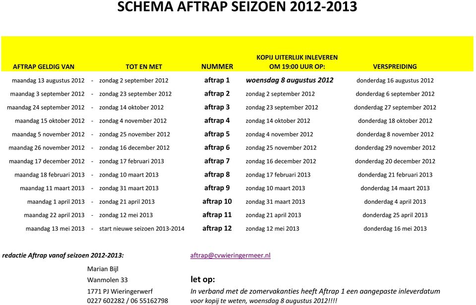 2012 aftrap 3 zondag 23 september 2012 donderdag 27 september 2012 maandag 15 oktober 2012 - zondag 4 november 2012 aftrap 4 zondag 14 oktober 2012 donderdag 18 oktober 2012 maandag 5 november 2012 -