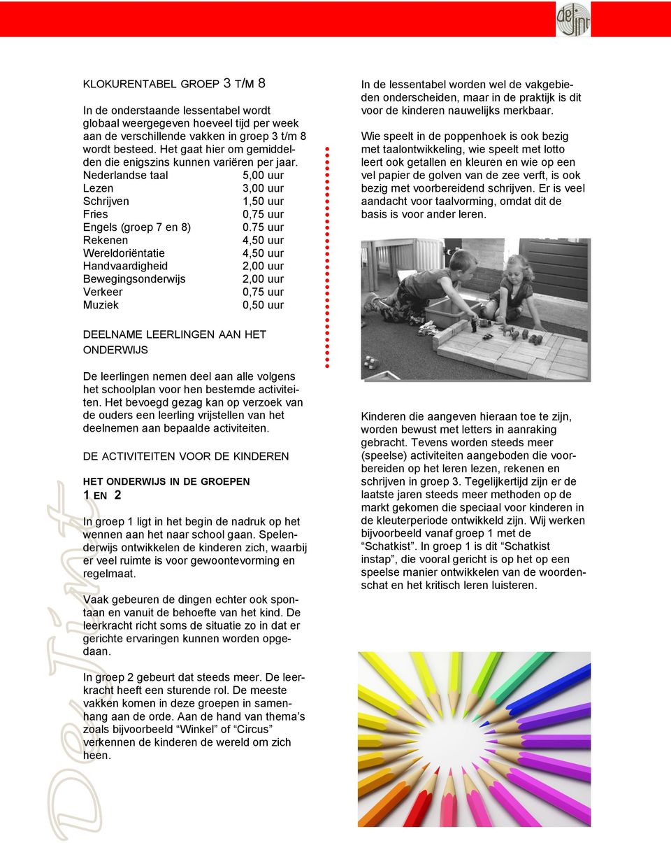 75 uur Rekenen 4,50 uur Wereldoriëntatie 4,50 uur Handvaardigheid 2,00 uur Bewegingsonderwijs 2,00 uur Verkeer 0,75 uur Muziek 0,50 uur DEELNAME LEERLINGEN AAN HET ONDERWIJS De leerlingen nemen deel