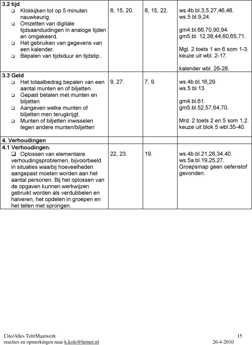 Munten of biljetten inwisselen tegen andere munten/biljetten 4. Verhoudingen 4.1 Verhoudingen.