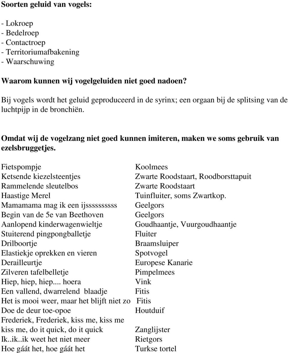 Omdat wij de vogelzang niet goed kunnen imiteren, maken we soms gebruik van ezelsbruggetjes.