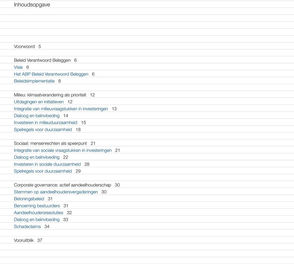 Integratie van sociale vraagstukken in investeringen 21 Dialoog en beïnvloeding 22 Investeren in sociale duurzaamheid 28 Spelregels voor duurzaamheid 29 Corporate governance: actief