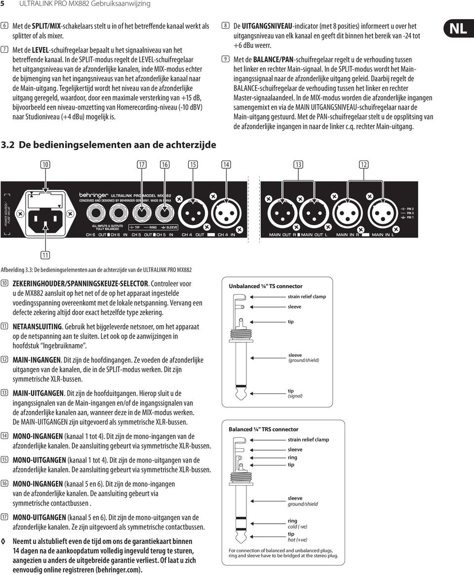 In de SPLIT-modus regelt de LEVEL-schuifregelaar het uitgangsniveau van de afzonderlijke kanalen, inde MIX-modus echter de bijmenging van het ingangsniveaus van het afzonderlijke kanaal naar de