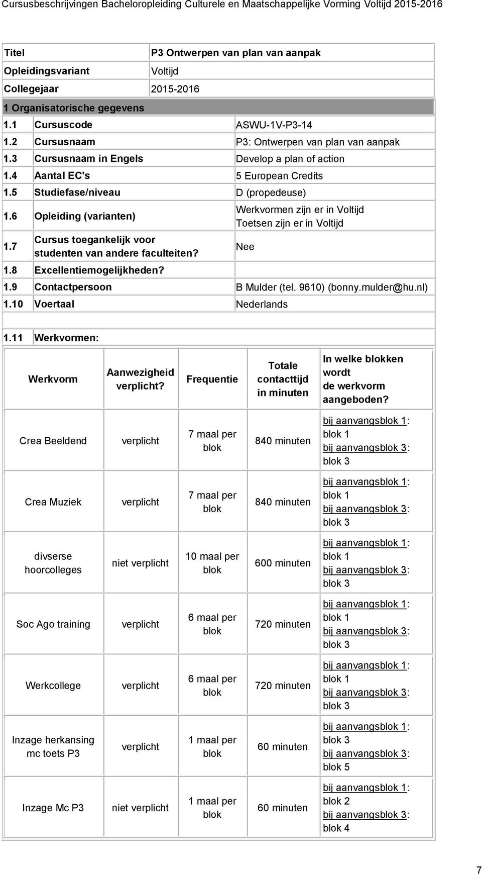 7 Cursus toegankelijk voor studenten van andere faculteiten? 1.8 Excellentiemogelijkheden? Werkvormen zijn er in Voltijd Toetsen zijn er in Voltijd 1.9 Contactpersoon B Mulder (tel. 9610) (bonny.