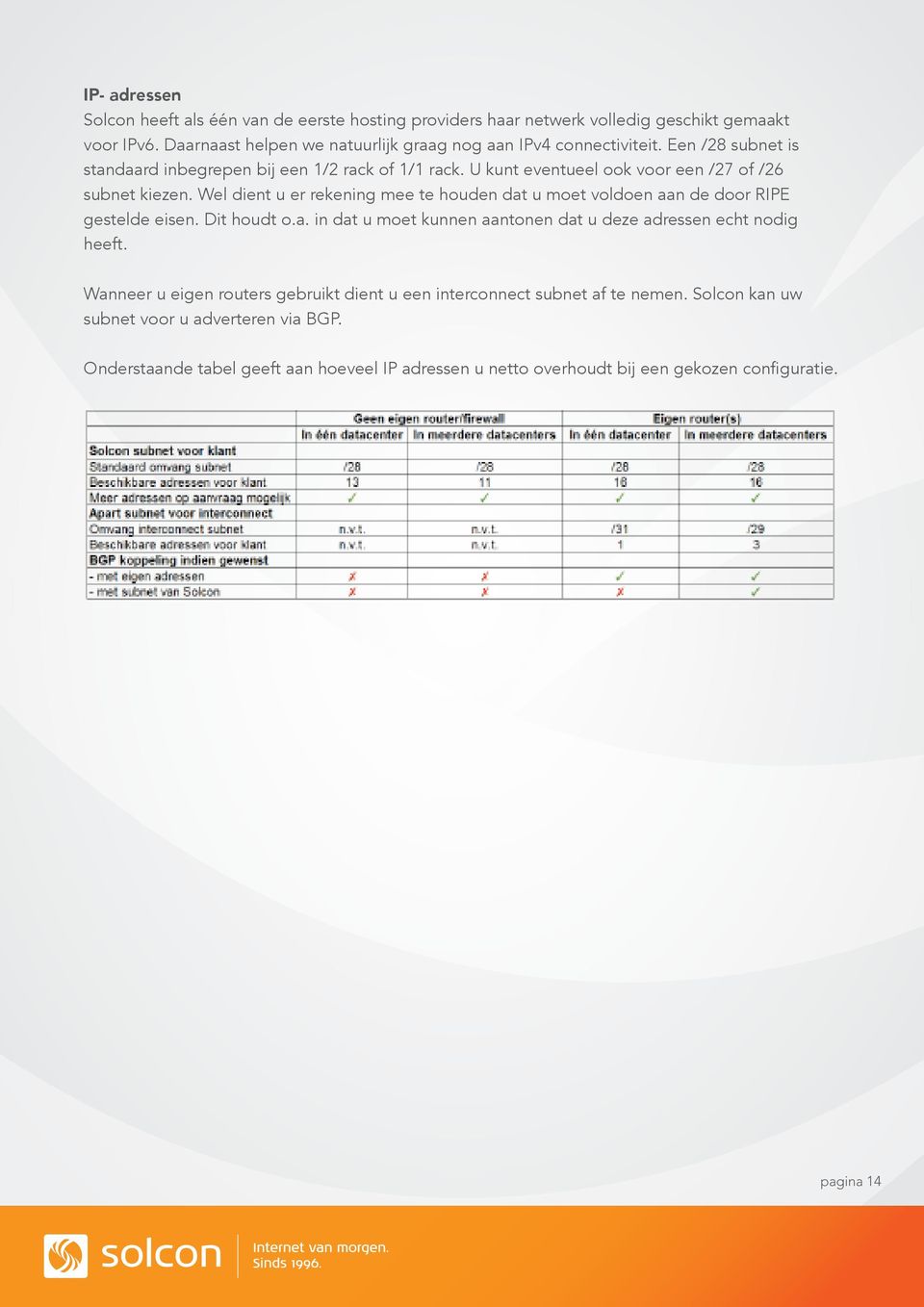 U kunt eventueel ook voor een /27 of /26 subnet kiezen. Wel dient u er rekening mee te houden dat u moet voldoen aan de door RIPE gestelde eisen. Dit houdt o.a. in dat u moet kunnen aantonen dat u deze adressen echt nodig heeft.