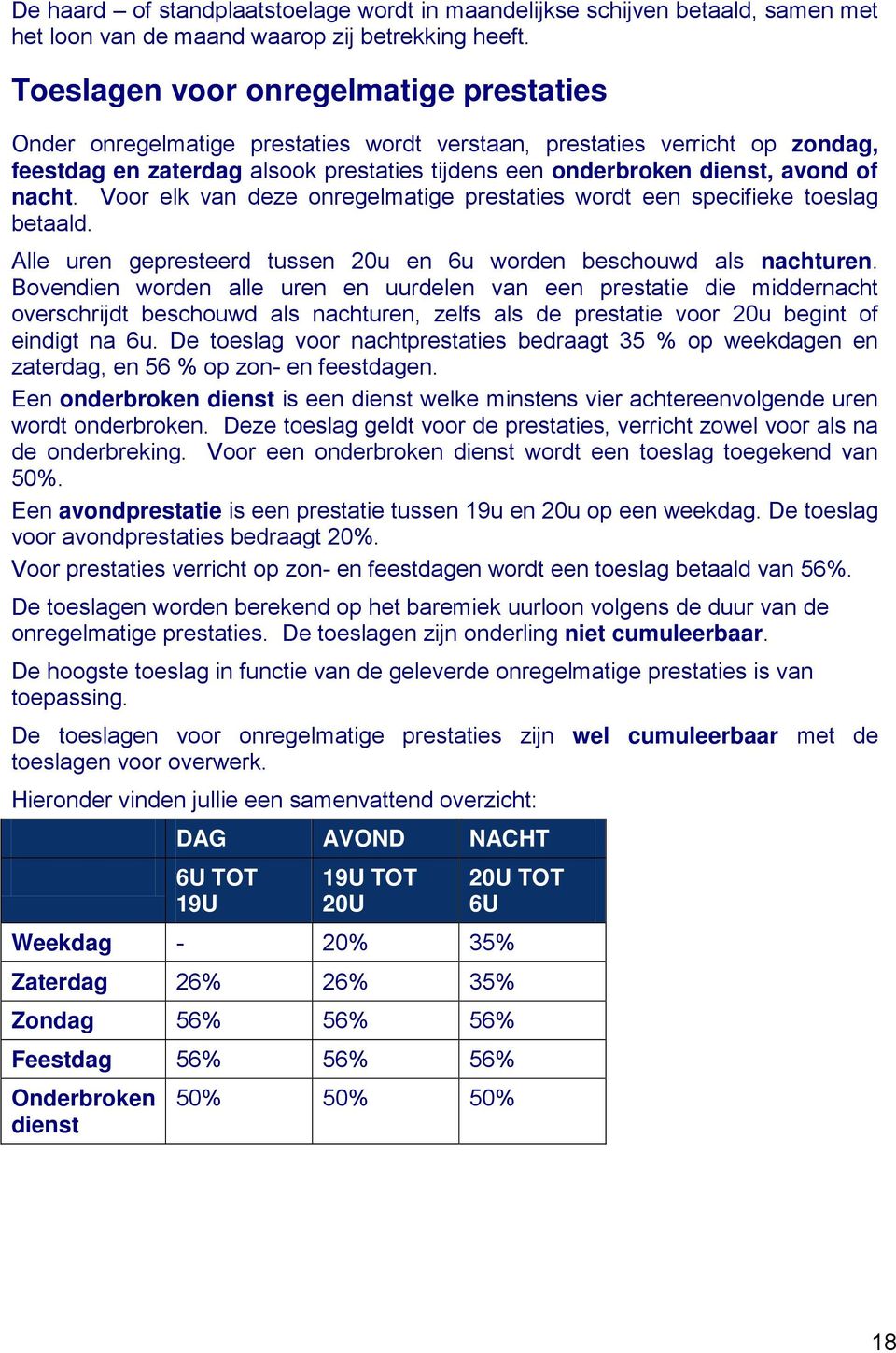 nacht. Voor elk van deze onregelmatige prestaties wordt een specifieke toeslag betaald. Alle uren gepresteerd tussen 20u en 6u worden beschouwd als nachturen.