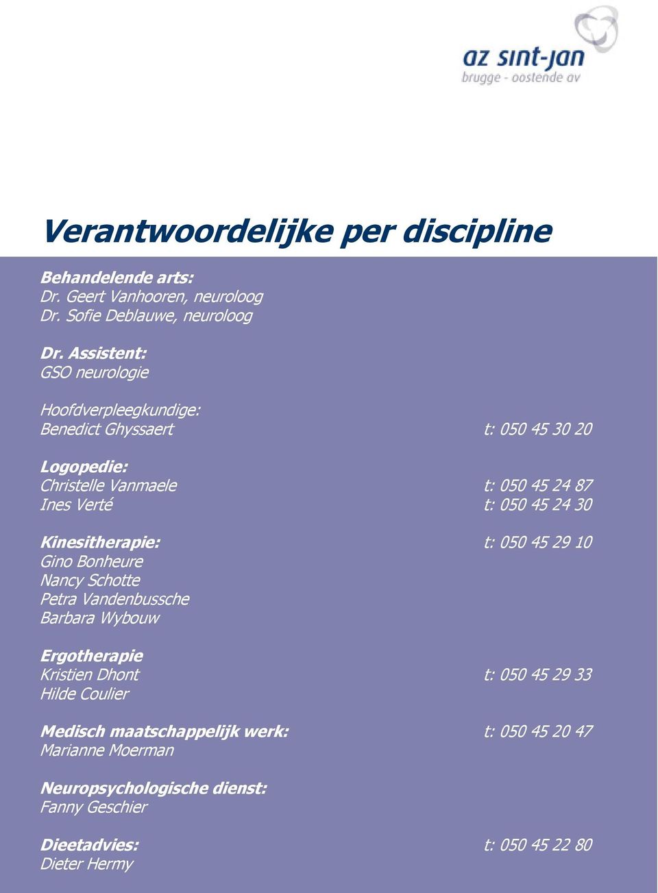 050 45 24 30 Kinesitherapie: t: 050 45 29 10 Gino Bonheure Nancy Schotte Petra Vandenbussche Barbara Wybouw Ergotherapie Kristien Dhont t: 050