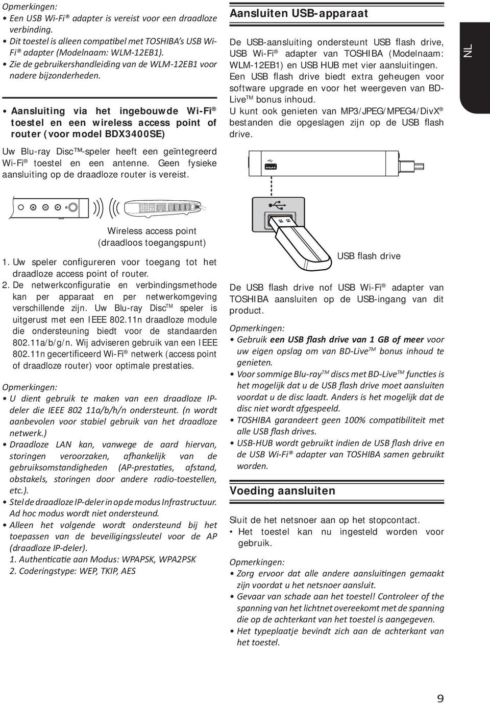 Aansluiting via het ingebouwde Wi-Fi toestel en een wireless access point of router (voor model BDX3400SE) Uw Blu-ray Disc -speler heeft een geïntegreerd Wi-Fi toestel en een antenne.