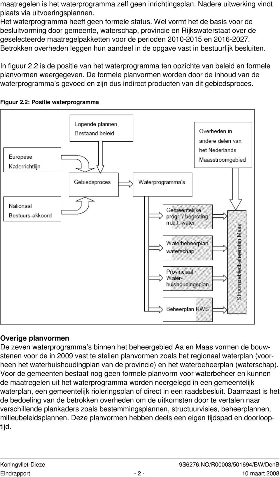 Betrokken overheden leggen hun aandeel in de opgave vast in bestuurlijk besluiten. In figuur 2.2 is de positie van het waterprogramma ten opzichte van beleid en formele planvormen weergegeven.