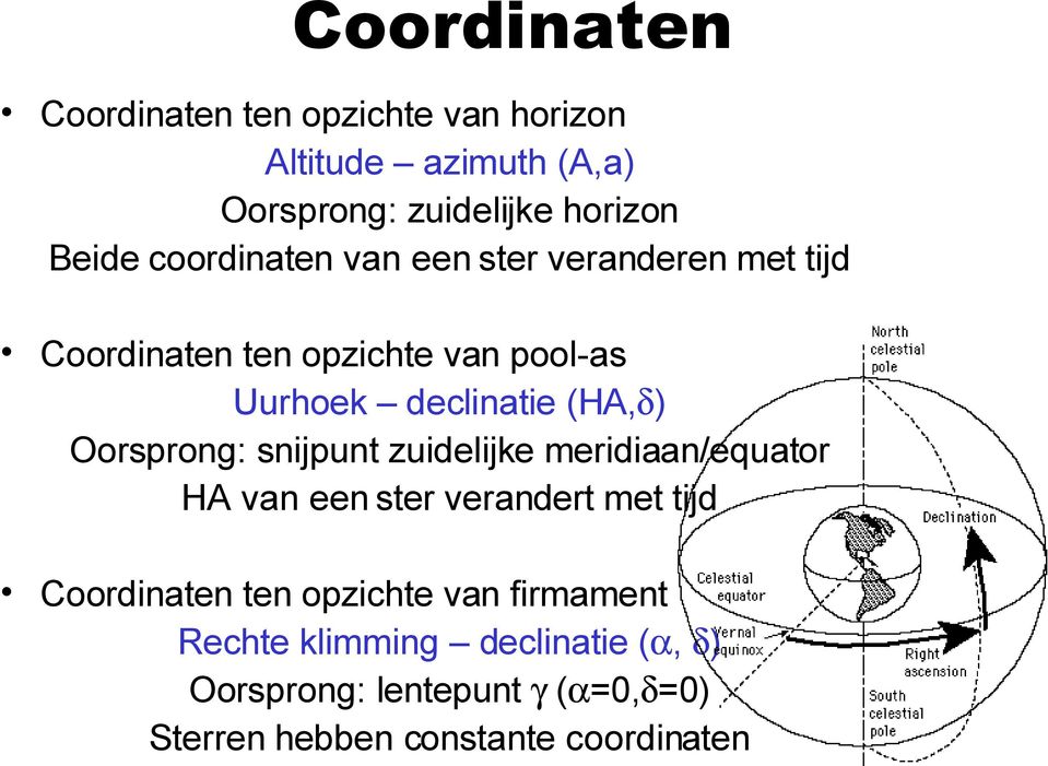 Oorsprong: snijpunt zuidelijke meridiaan/equator HA van een ster verandert met tijd Coordinaten ten opzichte