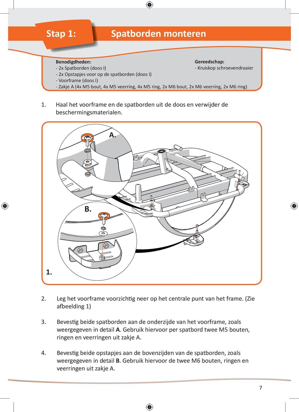 (Zie afbeelding 1) 3. Bevestig beide spatborden aan de onderzijde van het voorframe, zoals weergegeven in detail A. Gebruik hiervoor per spatbord twee M5 bouten, ringen en veerringen uit zakje A. 4.