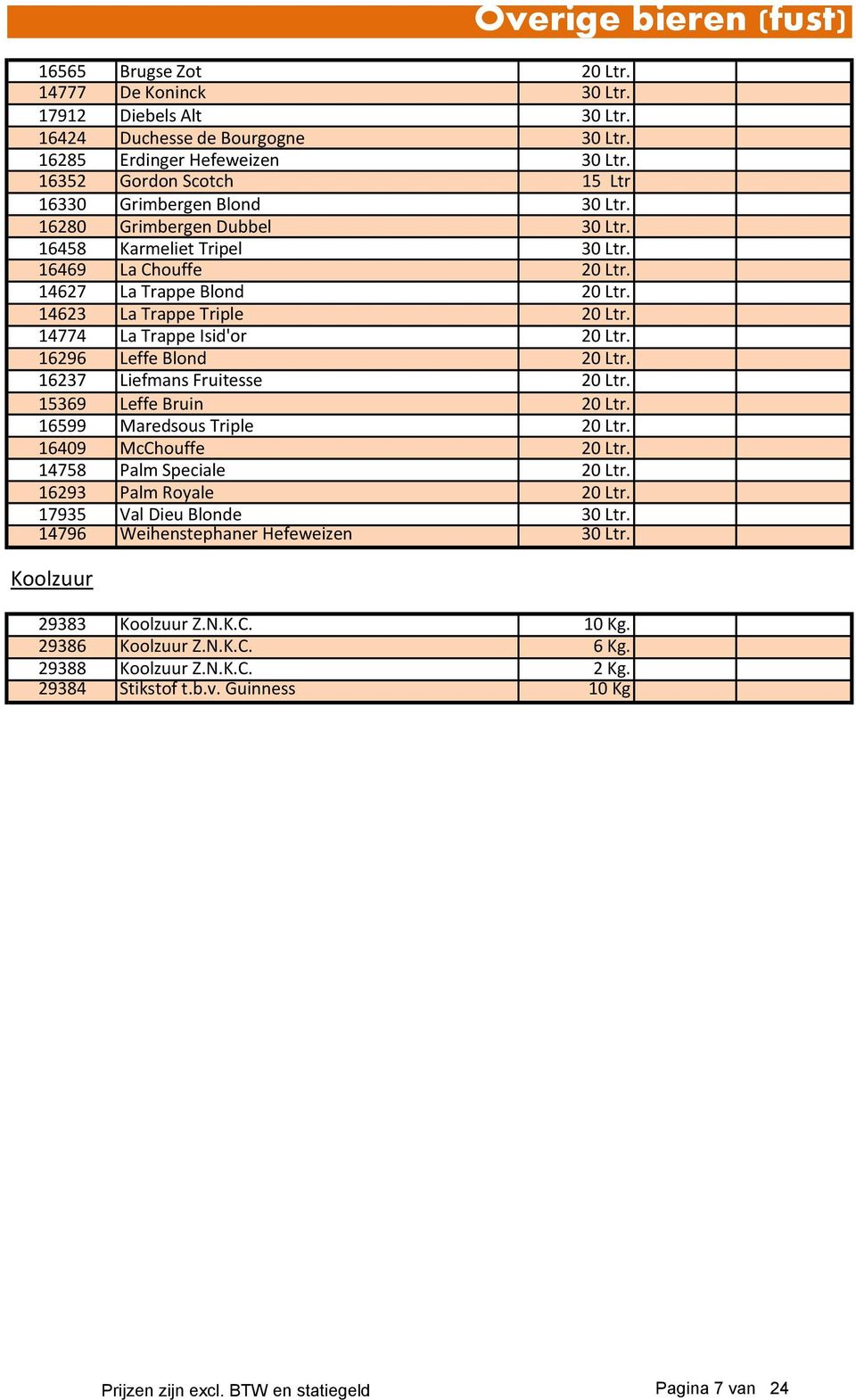14623 La Trappe Triple 20 Ltr. 14774 La Trappe Isid'or 20 Ltr. 16296 Leffe Blond 20 Ltr. 16237 Liefmans Fruitesse 20 Ltr. 15369 Leffe Bruin 20 Ltr. 16599 Maredsous Triple 20 Ltr.