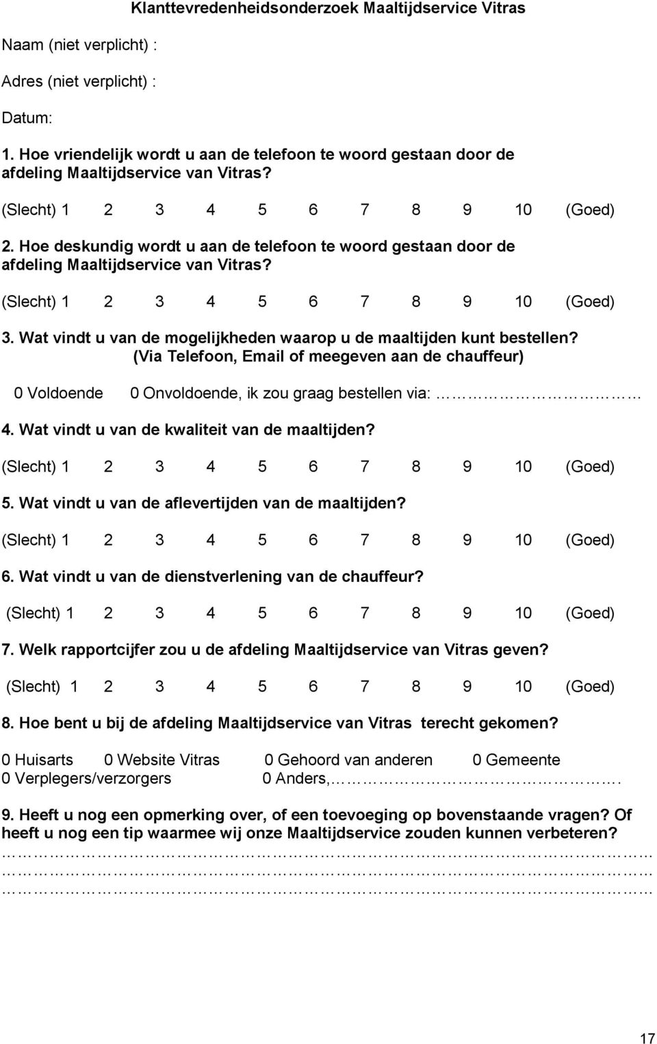 Hoe deskundig wordt u aan de telefoon te woord gestaan door de afdeling Maaltijdservice van Vitras? 3. Wat vindt u van de mogelijkheden waarop u de maaltijden kunt bestellen?