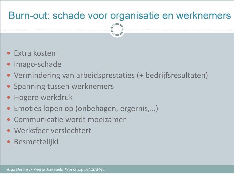 werknemers Hogere werkdruk Emoties lopen op (onbehagen, ergernis, ) Communicatie