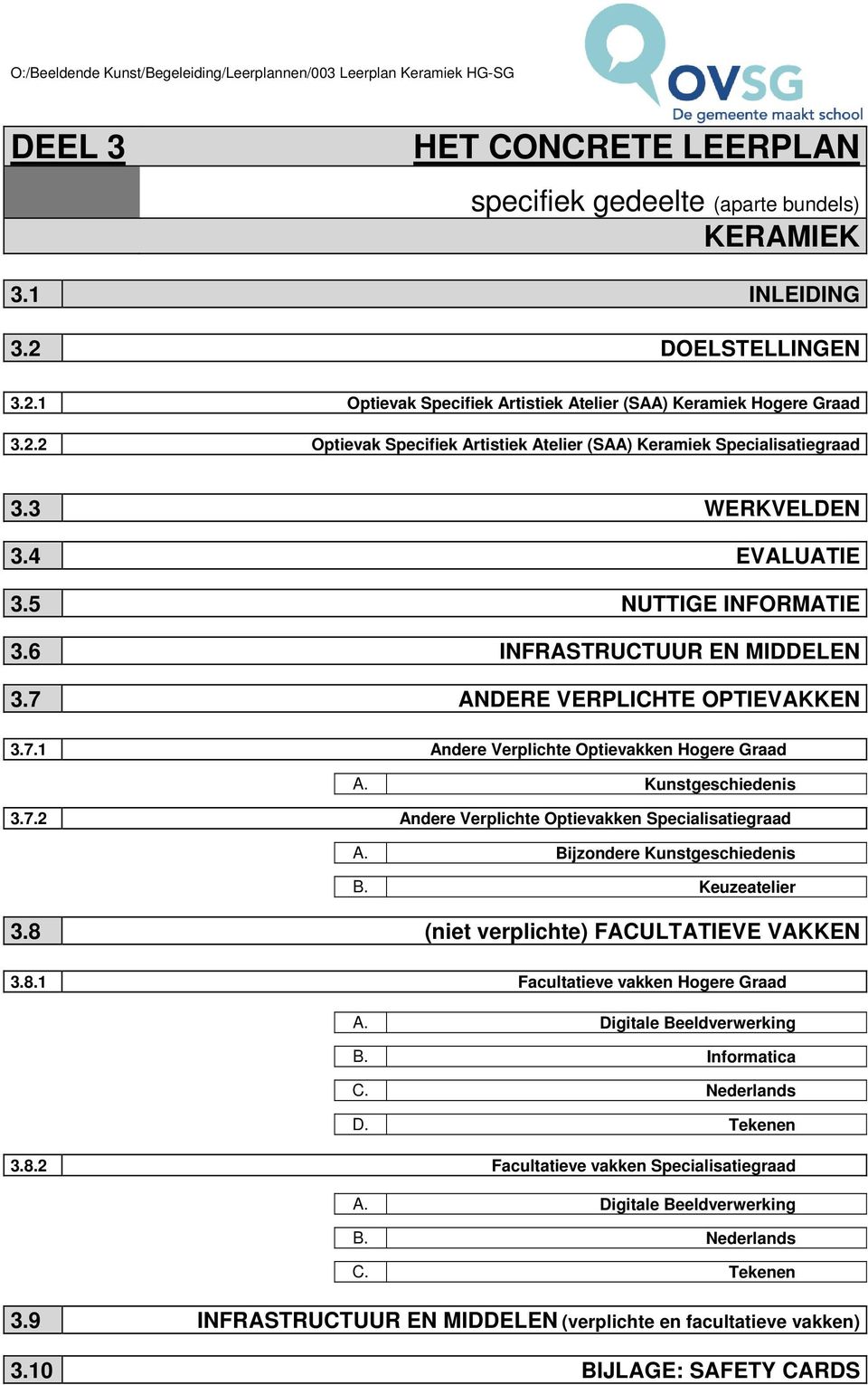 5 NUTTIGE INFORMATIE 3.6 INFRASTRUCTUUR EN MIDDELEN 3.7 ANDERE VERPLICHTE OPTIEVAKKEN 3.7.1 Andere Verplichte Optievakken Hogere Graad. A. Kunstgeschiedenis. 3.7.2 Andere Verplichte Optievakken Specialisatiegraad.